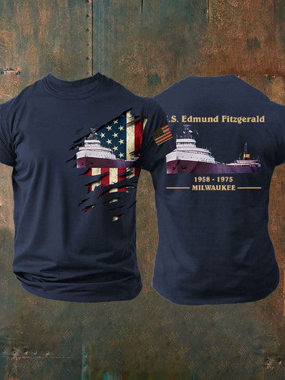 Men's SS Edmund Fitzgerald Shirt Milwaukee Great Lakes Ship Tribute Tee Patriotic American Flag Graphic Memorial Boat Wreck Vintage Shirt