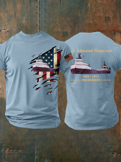 Men's SS Edmund Fitzgerald Shirt Milwaukee Great Lakes Ship Tribute Tee Patriotic American Flag Graphic Memorial Boat Wreck Vintage Shirt