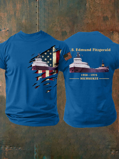 Men's SS Edmund Fitzgerald Shirt Milwaukee Great Lakes Ship Tribute Tee Patriotic American Flag Graphic Memorial Boat Wreck Vintage Shirt
