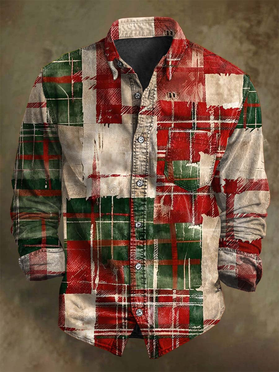 Vintage Plaid Print Christmas Casual Long-Sleeve Shirt