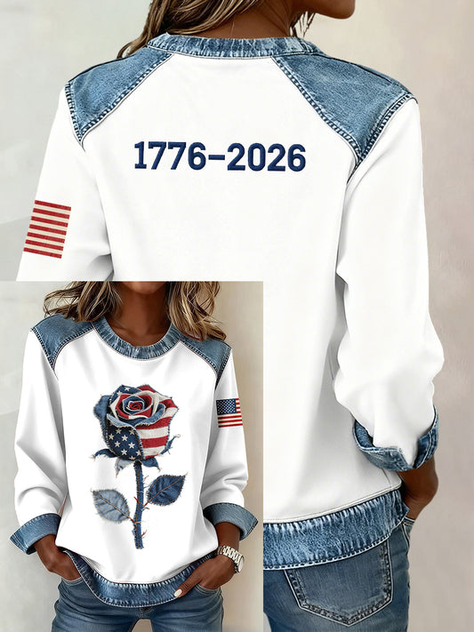 Women's Flag Inspired Rose Pattern Denim Patchwork Sweatshirt