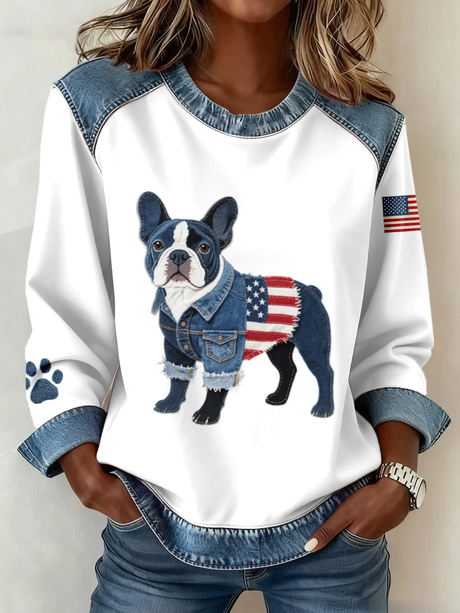 Women's American Flag Inspired French Bulldog Pattern Denim Patchwork Sweatshirt