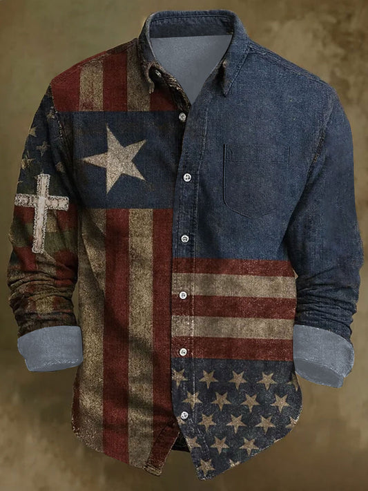 Men's Faith Cross America Flag Printed Shirt