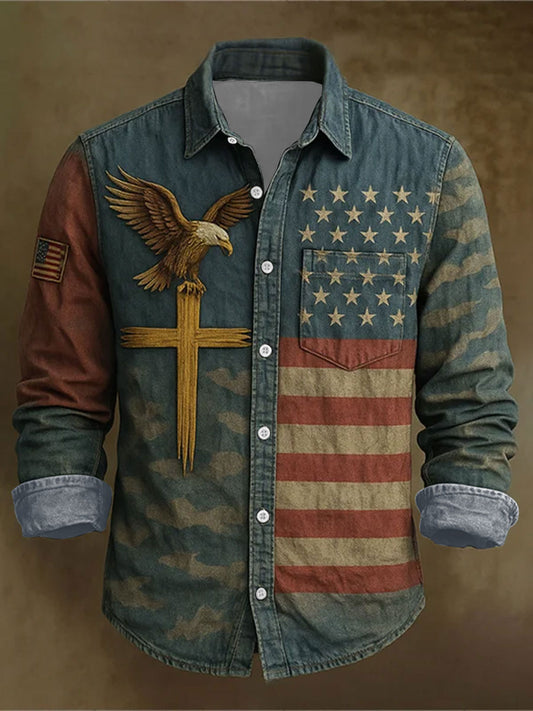 Men's Faith Cross America Flag Printed Shirt