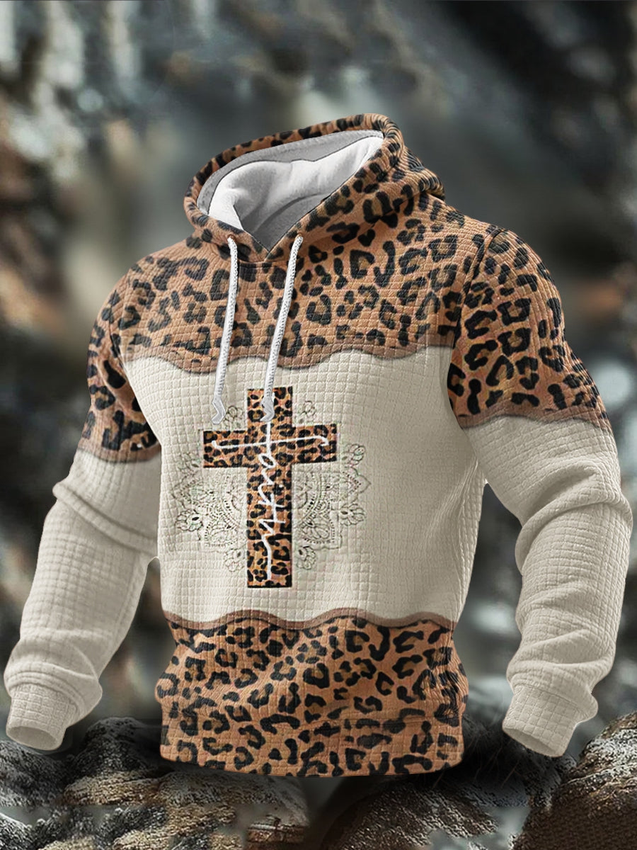 Men's Faith Cross Leopard Christian Checkered Cotton Hoodie
