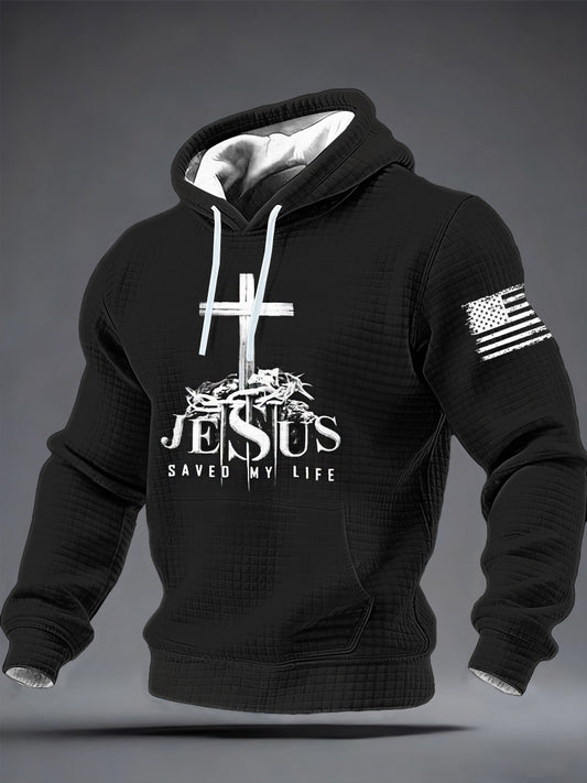 Men's Jesus Saved My Life Checkered Cotton Hoodie