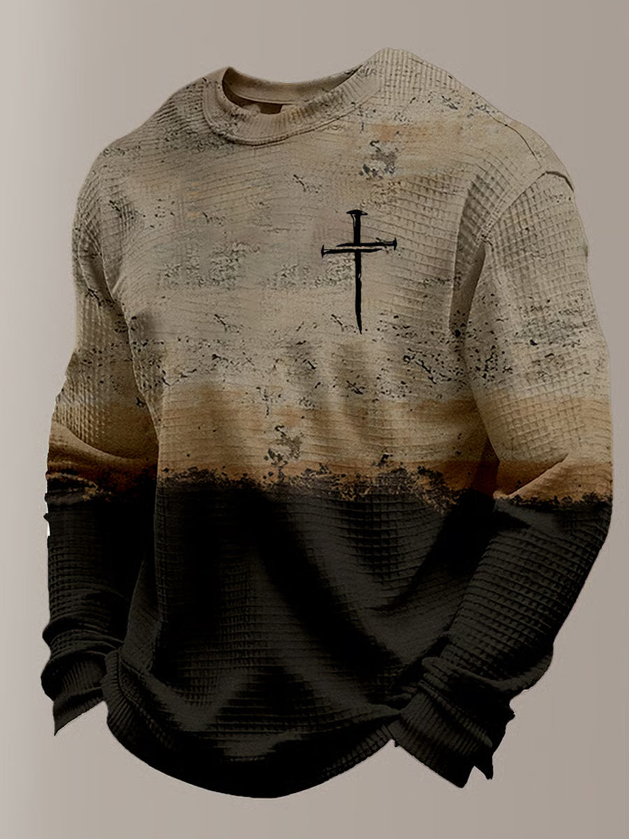 Men's Retro Faith Art Print Waffle Knit Comfortable Top