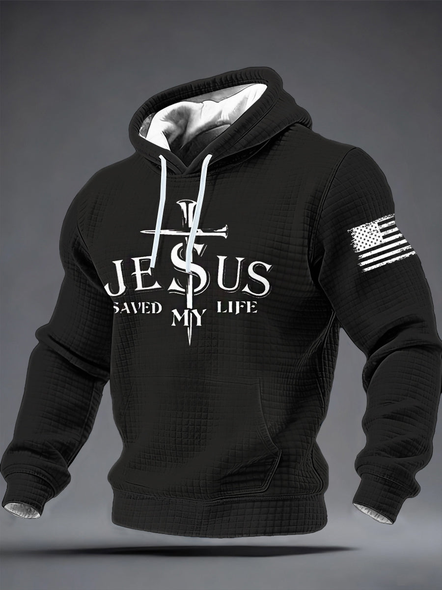 Men's Jesus Saved My Life Checkered Cotton Hoodie