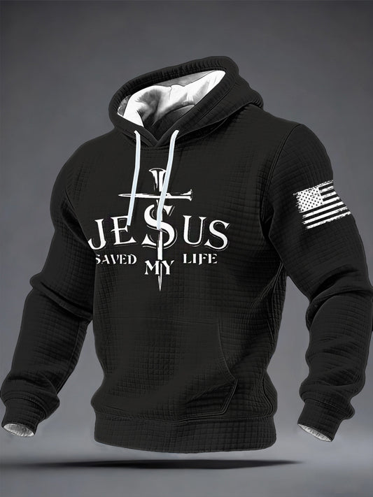 Men's Jesus Saved My Life Checkered Cotton Hoodie