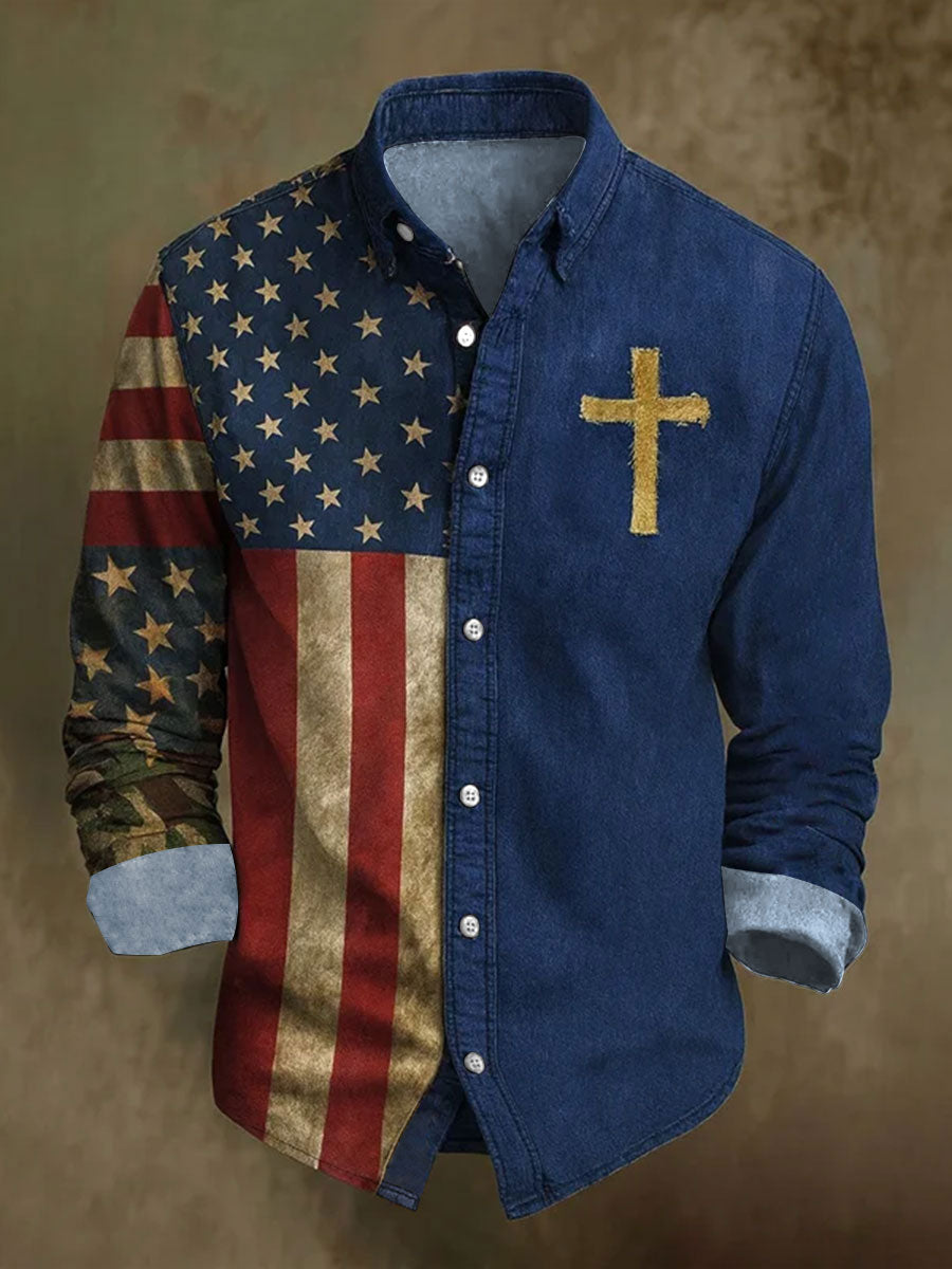 Men's Faith Cross America Flag Printed Shirt
