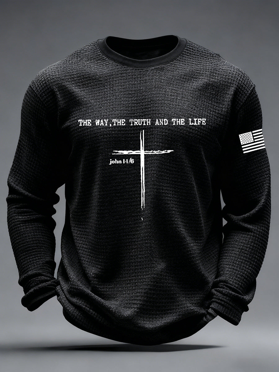 Men's Jesus The Way The Truth The Life John 14:6 Christian Cross Waffle Long Sleeve T-Shirt