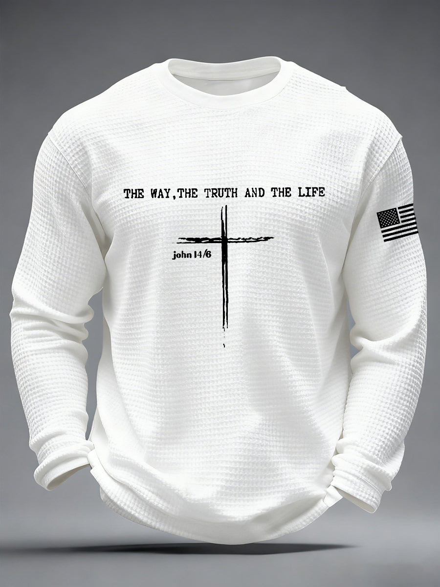 Men's Jesus The Way The Truth The Life John 14:6 Christian Cross Waffle Long Sleeve T-Shirt