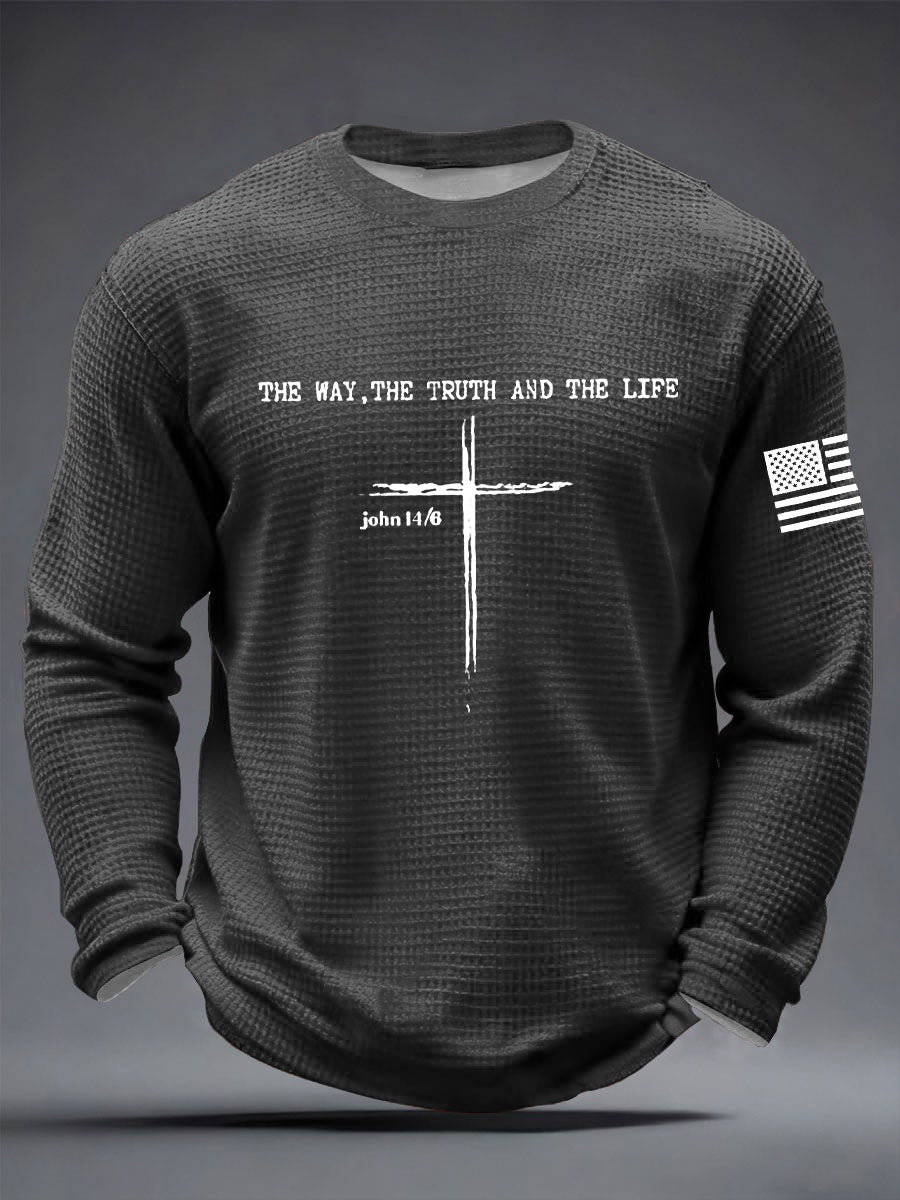 Men's Jesus The Way The Truth The Life John 14:6 Christian Cross Waffle Long Sleeve T-Shirt