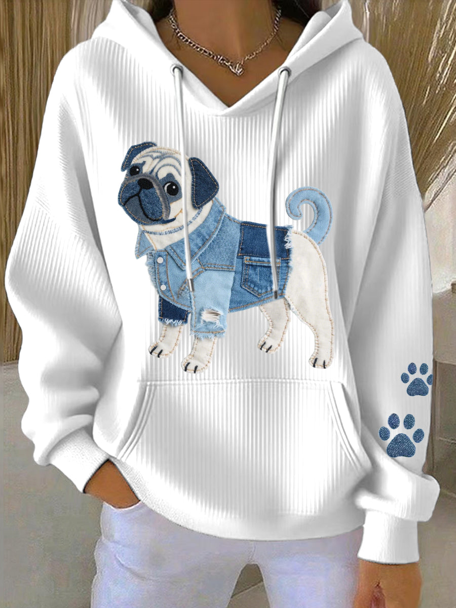 Women's Denim Patchwork Art Pug Dog Pattern Hoodie