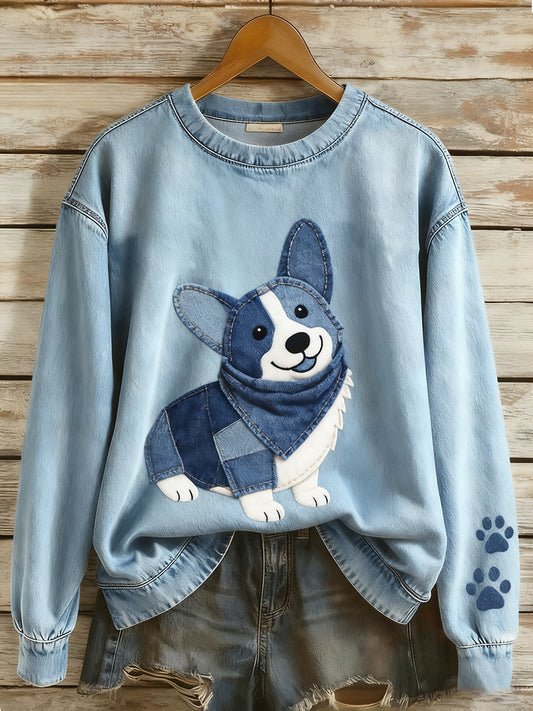 Women's Retro Denim Patchwork Animal Art Print Casual Comfort Long-Sleeve Sweatshirt
