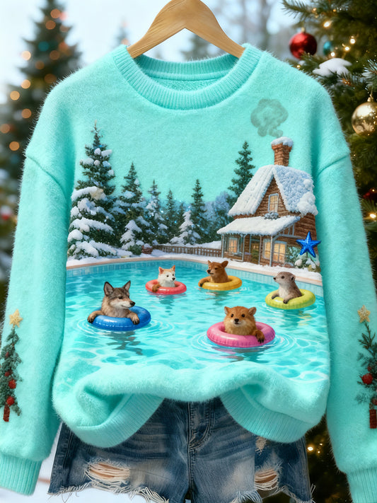 Women's Retro Animal Christmas Art Print Casual Flannel Top