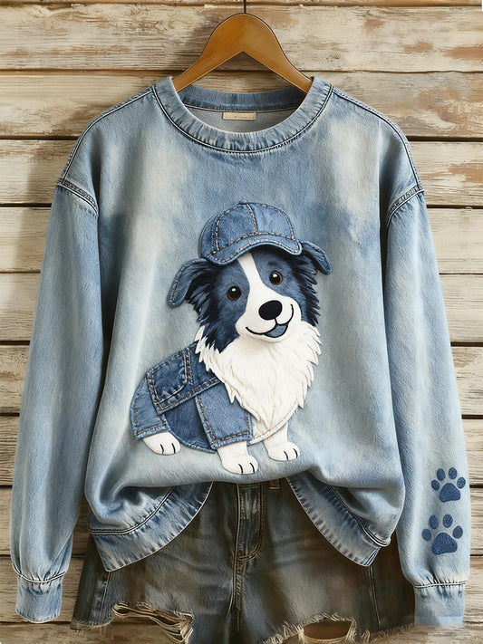 Women's Retro Denim Patchwork Animal Art Print Casual Comfort Long-Sleeve Sweatshirt