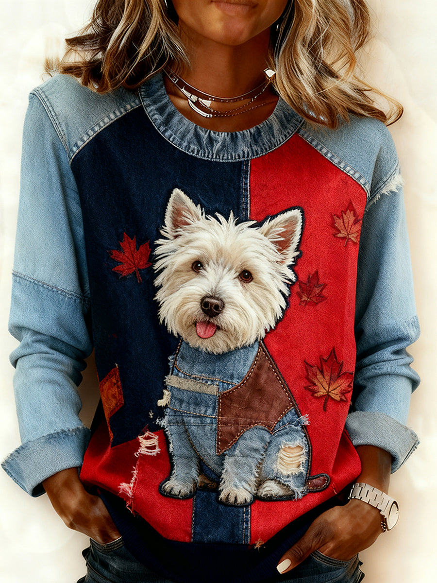 Women's Retro Animal Art Print Comfortable Denim Patchwork Sweatshirt