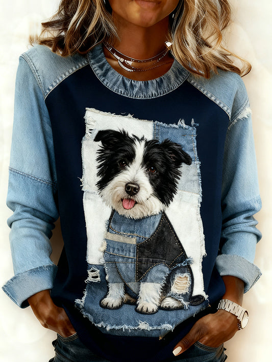 Women's Retro Animal Art Print Comfortable Denim Patchwork Sweatshirt