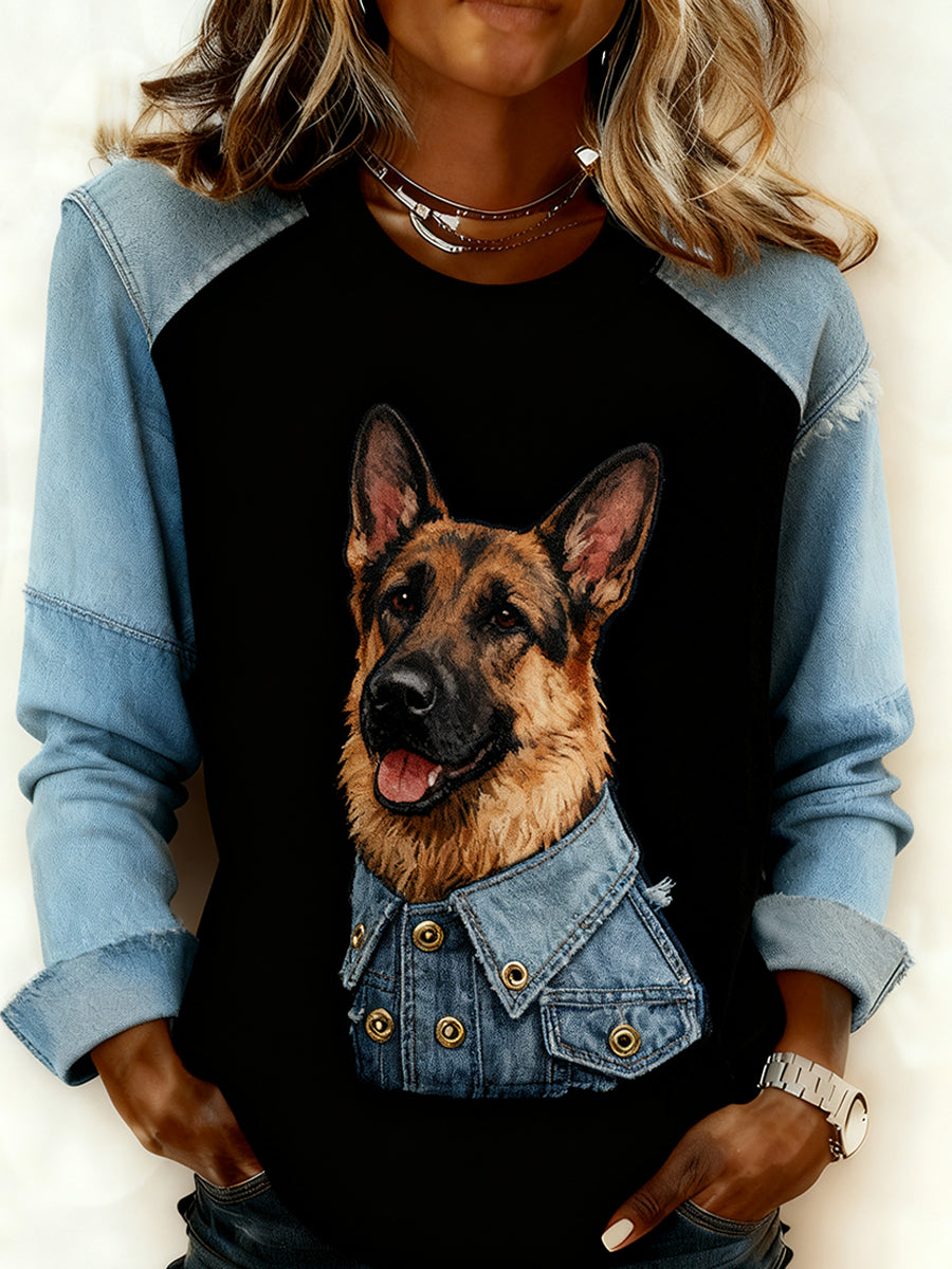 Women's Retro Animal Art Print Comfortable Denim Patchwork Sweatshirt