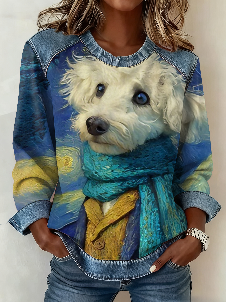 Women's cute dog print Denim Patchwork Top