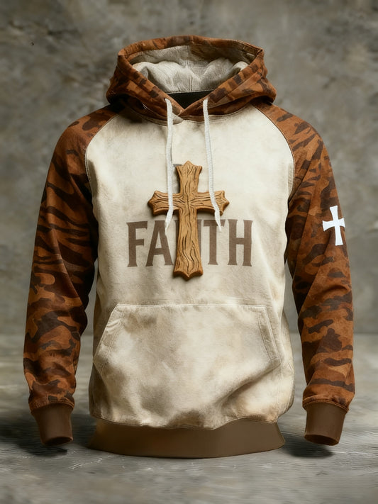 Retro Faith Camouflage Patchwork Print Casual Long Sleeve Pocket Sweatshirt