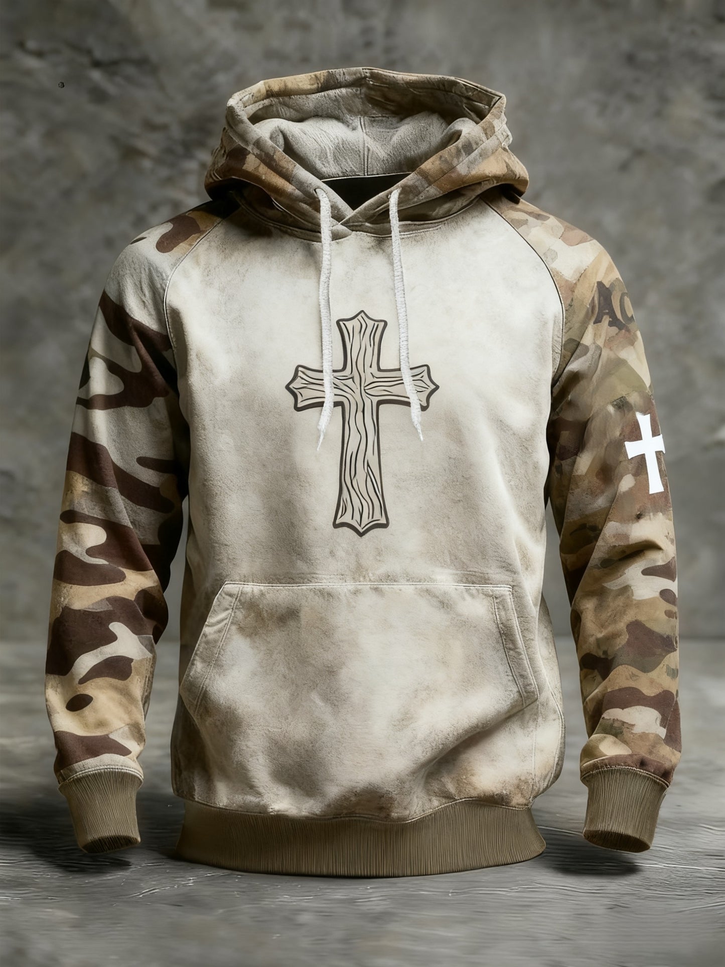 Retro Faith Camouflage Patchwork Print Casual Long Sleeve Pocket Sweatshirt