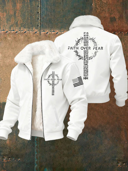 Men's Faith Over Fear Print Casual Plush Zipper Jacket