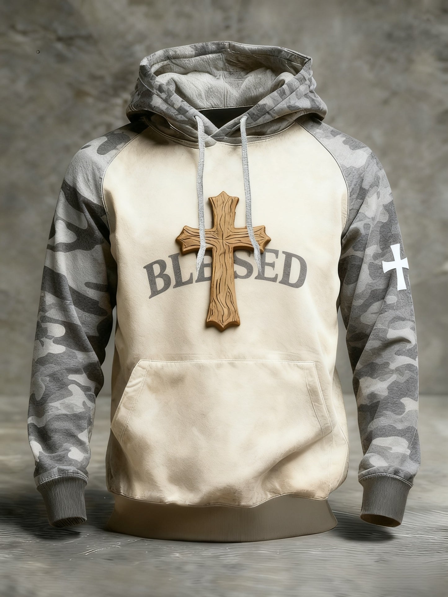 Retro Faith Camouflage Patchwork Print Casual Long Sleeve Pocket Sweatshirt