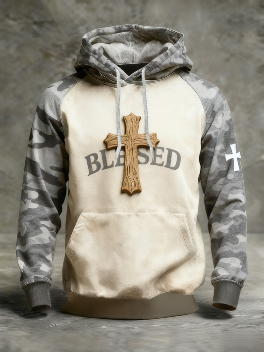 Retro Faith Camouflage Patchwork Print Casual Long Sleeve Pocket Sweatshirt