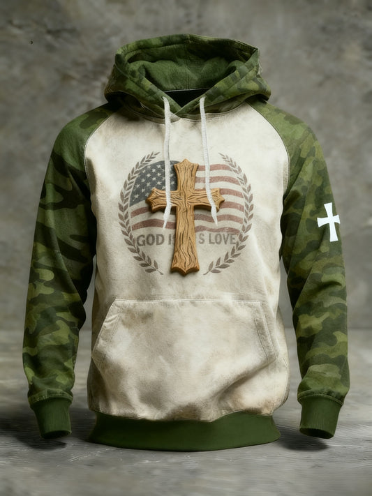 Retro Faith Camouflage Patchwork Print Casual Long Sleeve Pocket Sweatshirt