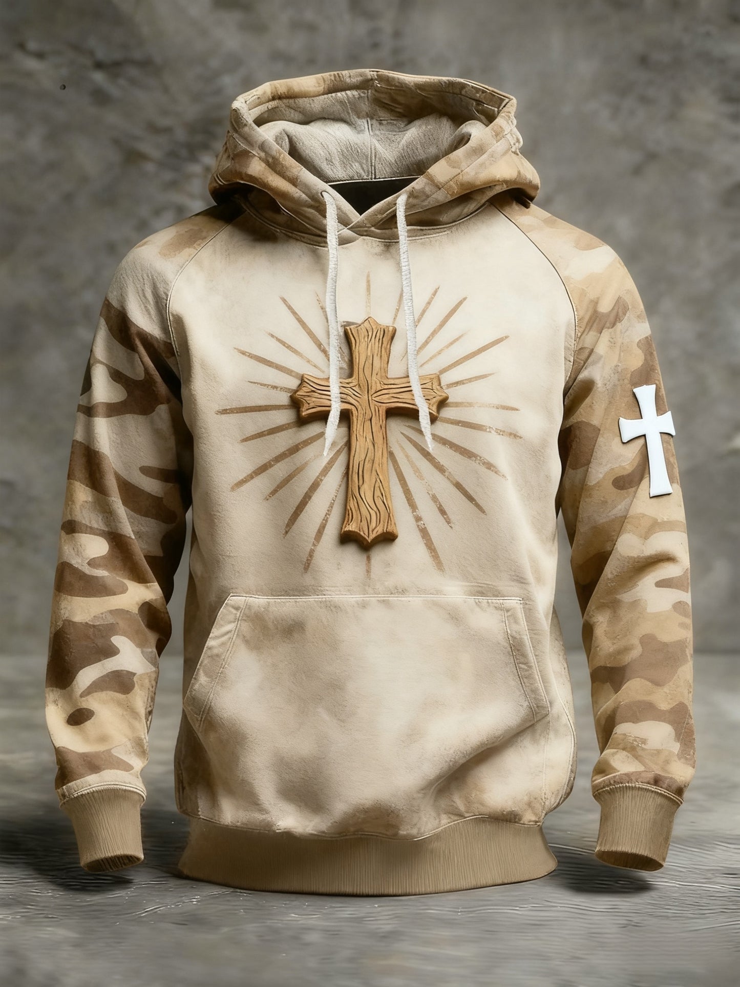 Retro Faith Camouflage Patchwork Print Casual Long Sleeve Pocket Sweatshirt