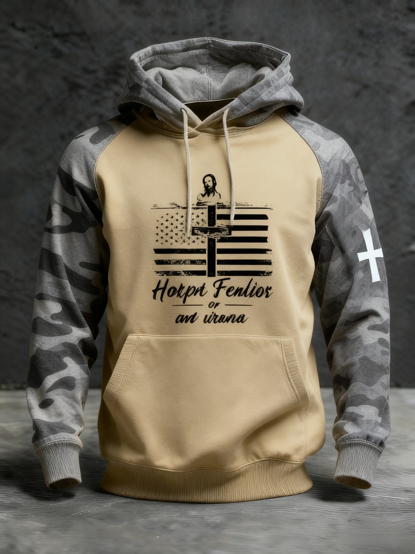 Retro Faith Camouflage Patchwork Print Casual Long Sleeve Pocket Sweatshirt