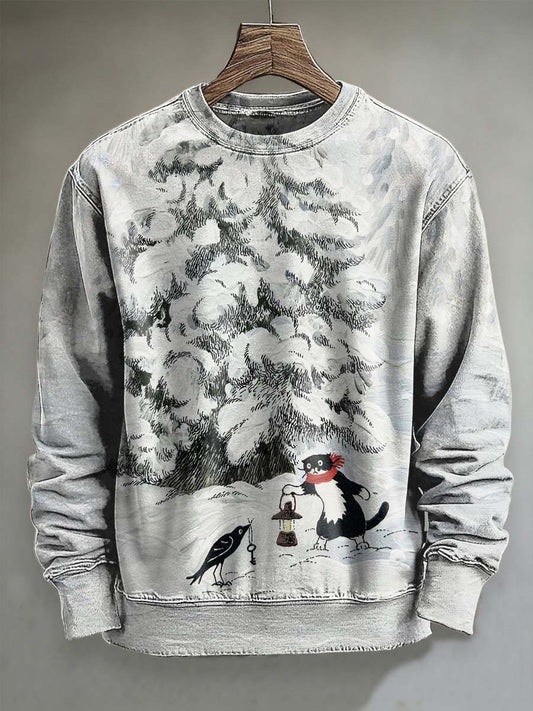 Christmas Tree Cat Print Casual Crewneck Sweatshirt