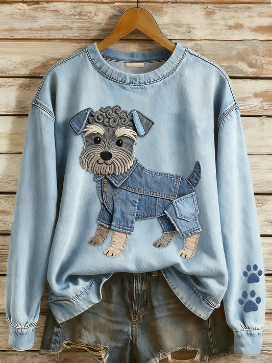 Women's Retro Denim Patchwork Animal Art Print Casual Comfort Long-Sleeve Sweatshirt