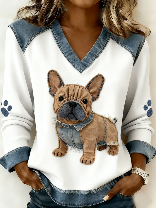 Women's Retro V-neck Denim Patchwork Animal Print Casual Comfort Top