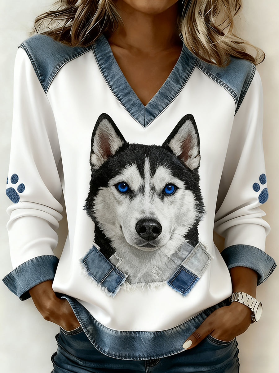 Women's Retro V-neck Denim Patchwork Animal Print Casual Comfort Top