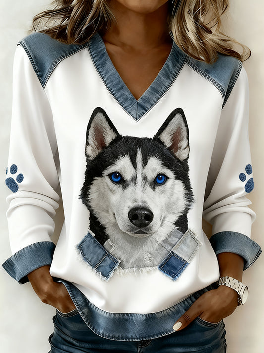 Women's Retro V-neck Denim Patchwork Animal Print Casual Comfort Top