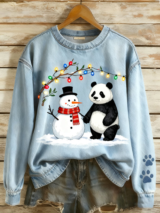 Women's Retro Denim Patchwork Animal Art Print Casual Comfort Long-Sleeve Sweatshirt