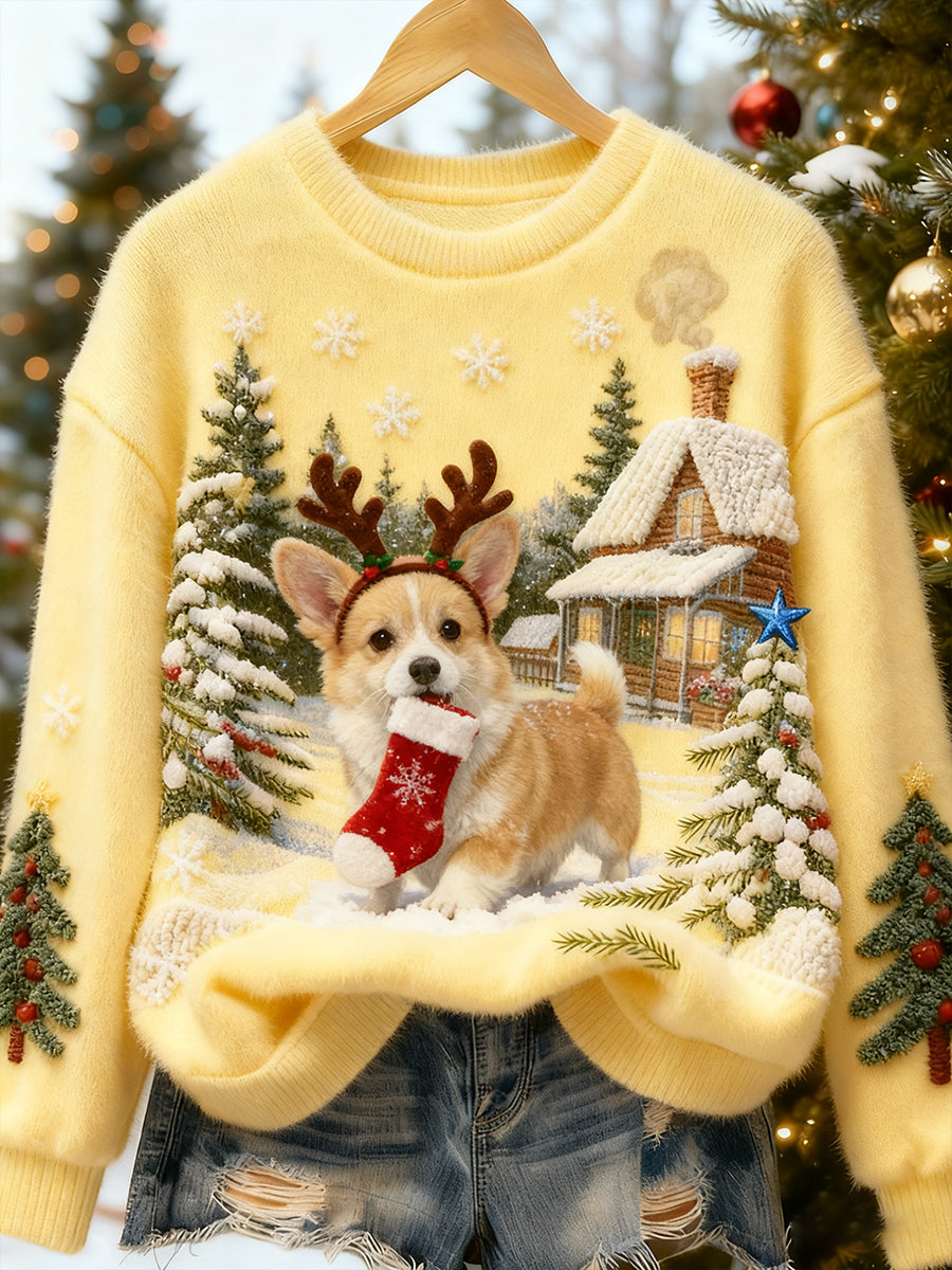 Women's Retro Animal Christmas Art Print Casual Flannel Top