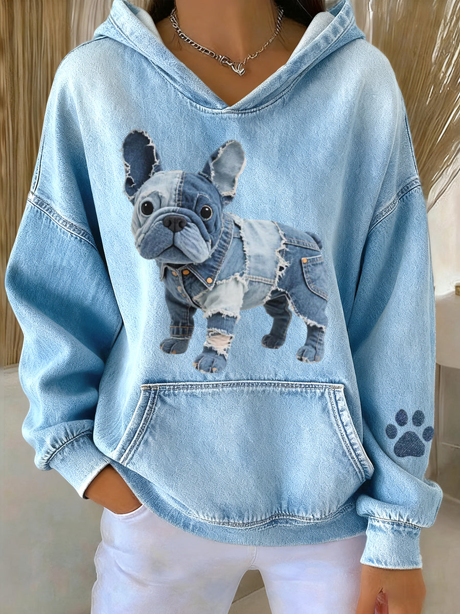 Women's Lovely French Bulldog Denim Patchwork Pattern Hoodie