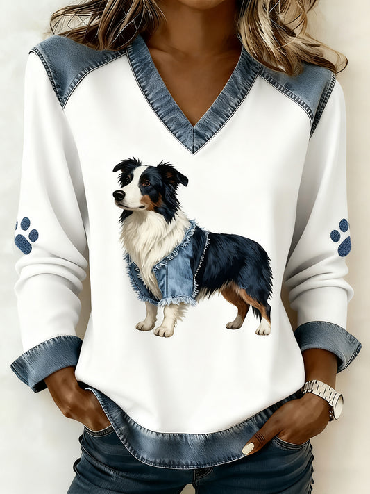 Women's Retro V-neck Denim Patchwork Animal Print Casual Comfort Top