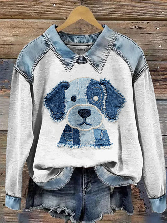 Women's Animal Print Patchwork Lapel Long Sleeved Sweatshirt