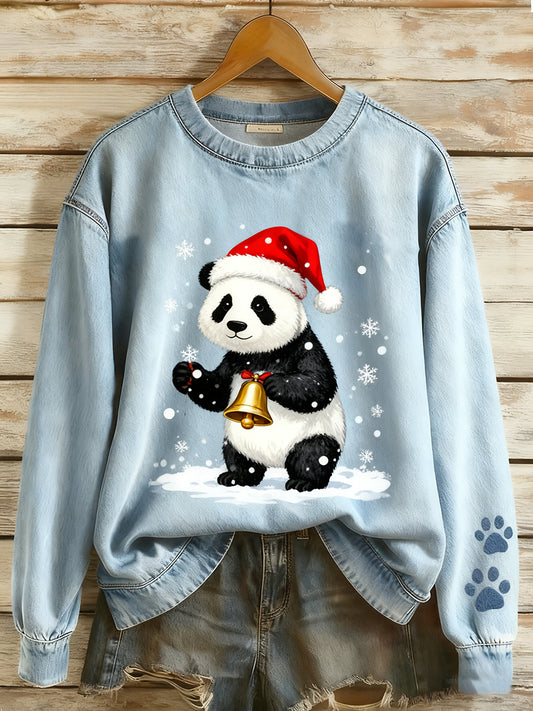 Women's Retro Denim Patchwork Animal Art Print Casual Comfort Long-Sleeve Sweatshirt