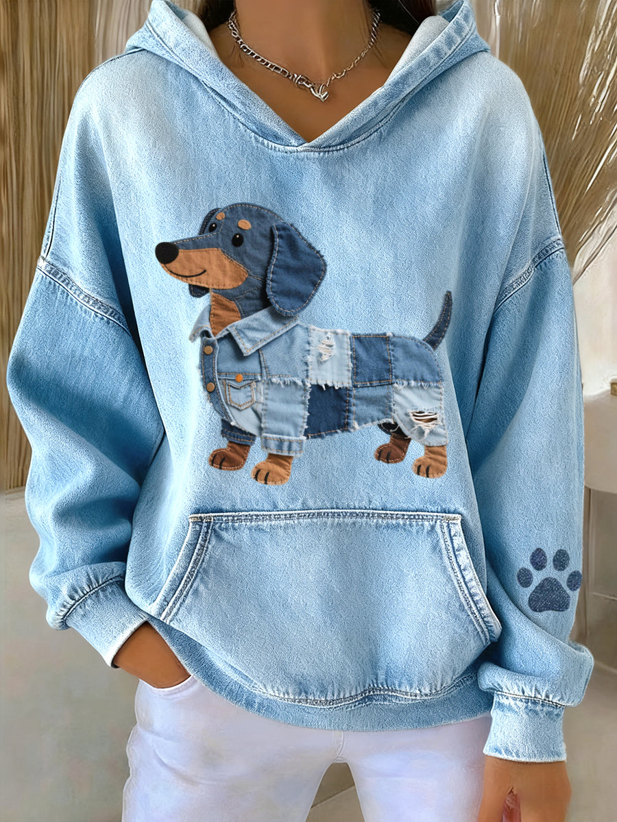 Women's Lovely Dachshund Dog Denim Patchwork Pattern Hoodie