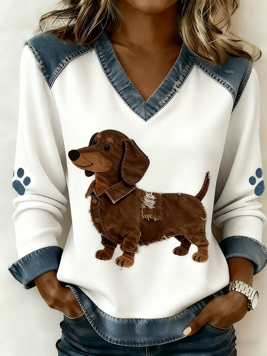 Women's Retro V-neck Denim Patchwork Animal Print Casual Comfort Top