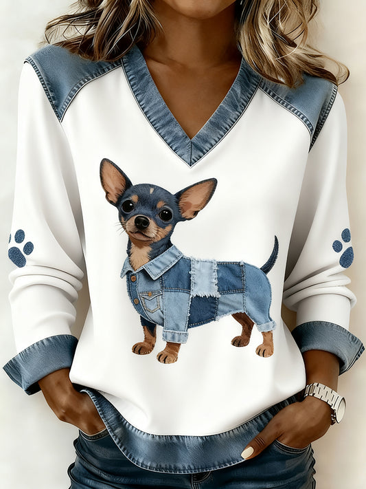 Women's Retro V-neck Denim Patchwork Animal Print Casual Comfort Top