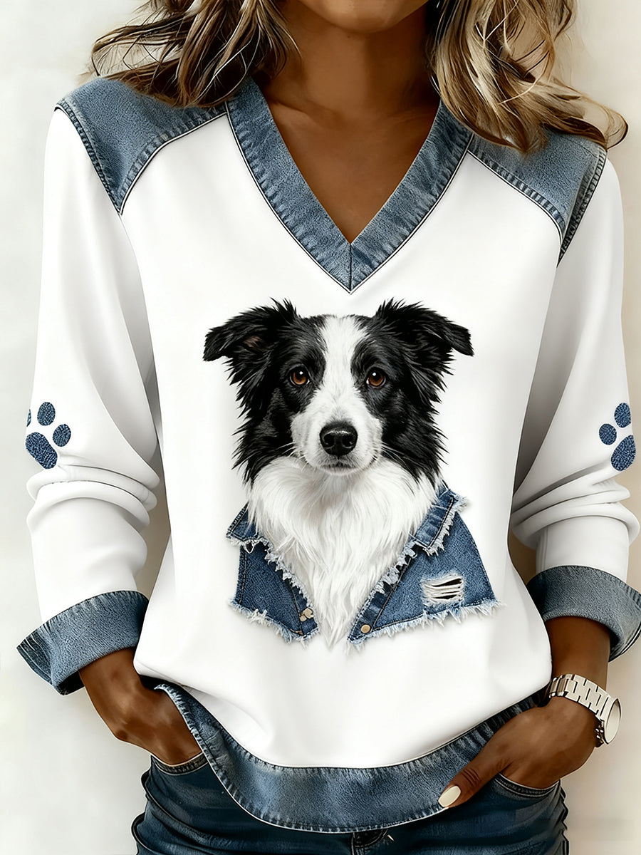 Women's Retro V-neck Denim Patchwork Animal Print Casual Comfort Top