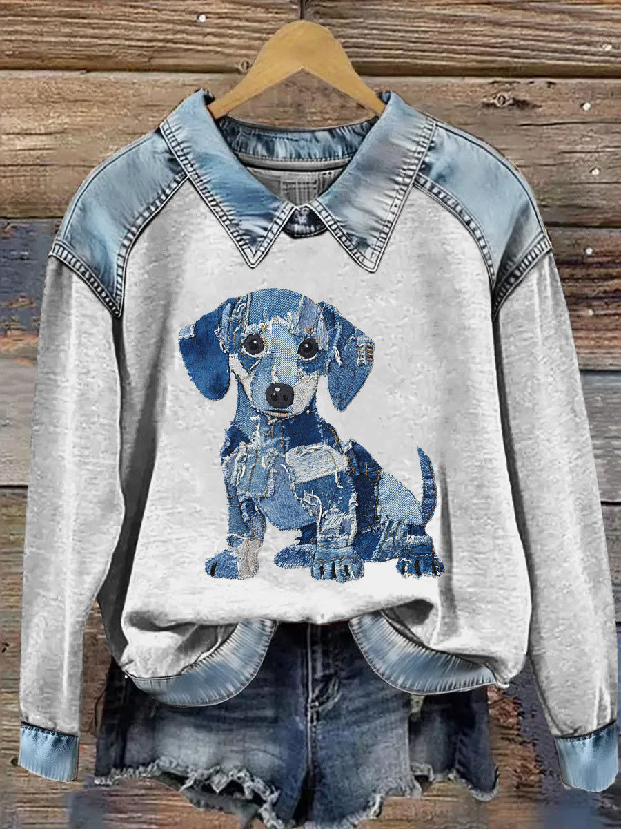 Women's Animal Print Patchwork Lapel Long Sleeved Sweatshirt