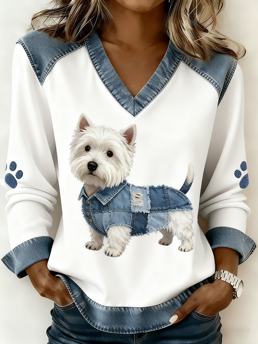 Women's Retro V-neck Denim Patchwork Animal Print Casual Comfort Top